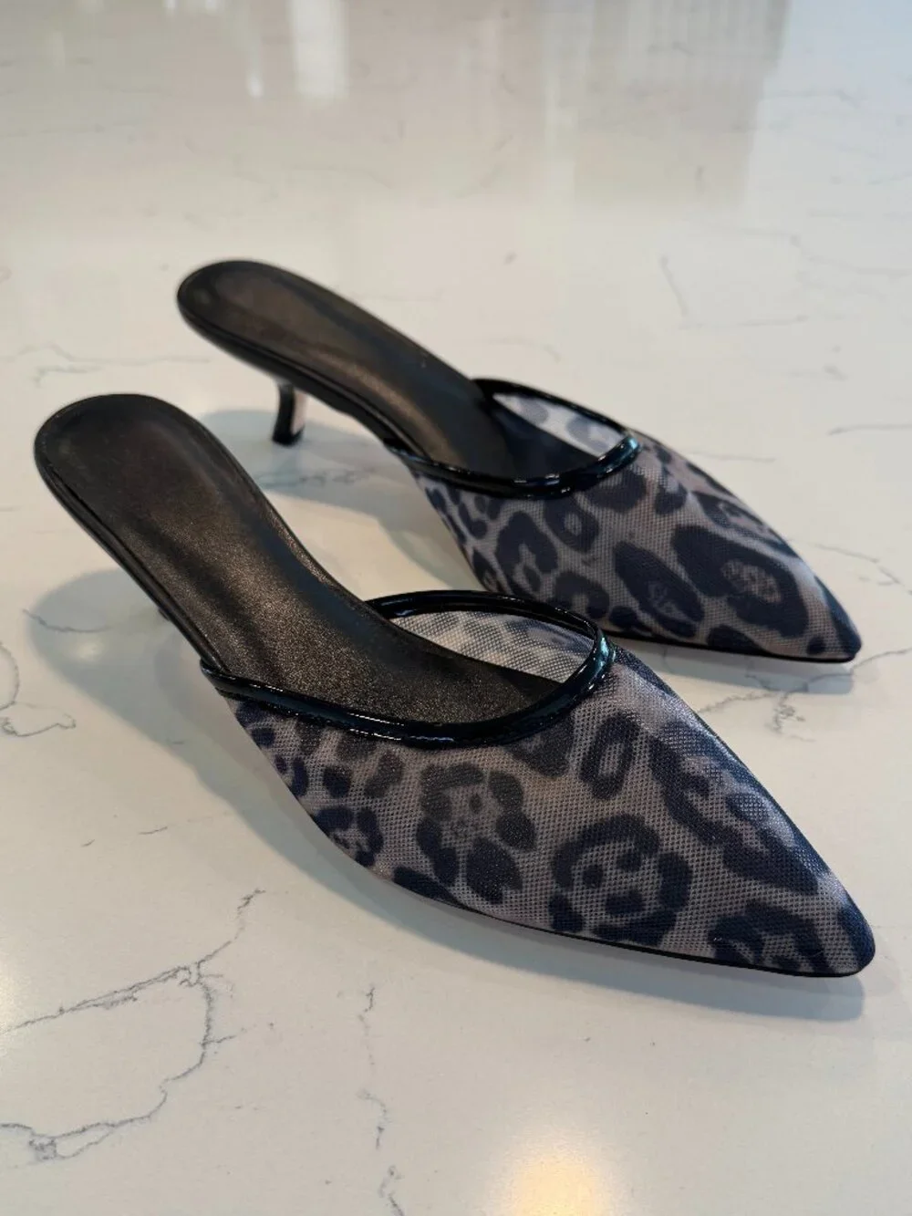 Leopard print mesh kitten heels slip on mules size 8